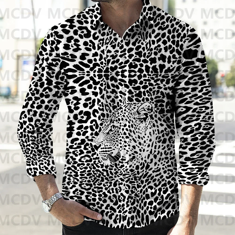 

Men's Luxury Leopard 3D Printed Casual Long Sleeved Shirt Button Down Shirts Spring Mens Casual Lapel Shirt