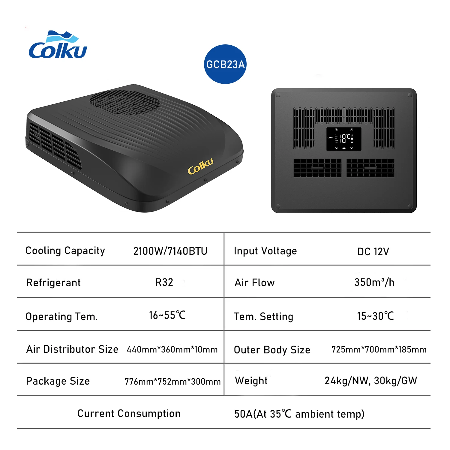 Colku GCB23A تكييف هواء مثبت على السقف 12 فولت 550 م 3 / ساعة حجم الهواء شاحنة ركن السيارة AC مع مبرد R32