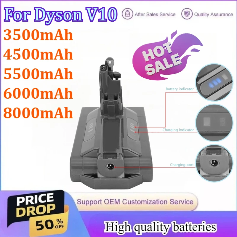 

For Dyson V10 Battery V10 Animal Absolute Fluffy Cordless Vacuum Cleaner Replacement 25.2V 6000mAh-8000mAh V10 batterie