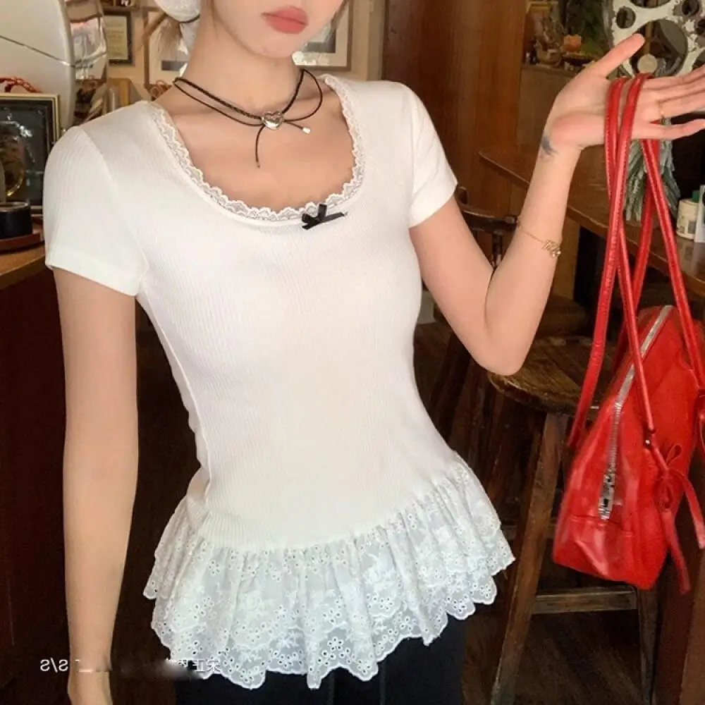 

Women's Short Sleeve T-Shirt Spring Summer New Slim Fit High Street Ins Spicy Girl Korean Bow Lace Patchwork Ballet Base Top
