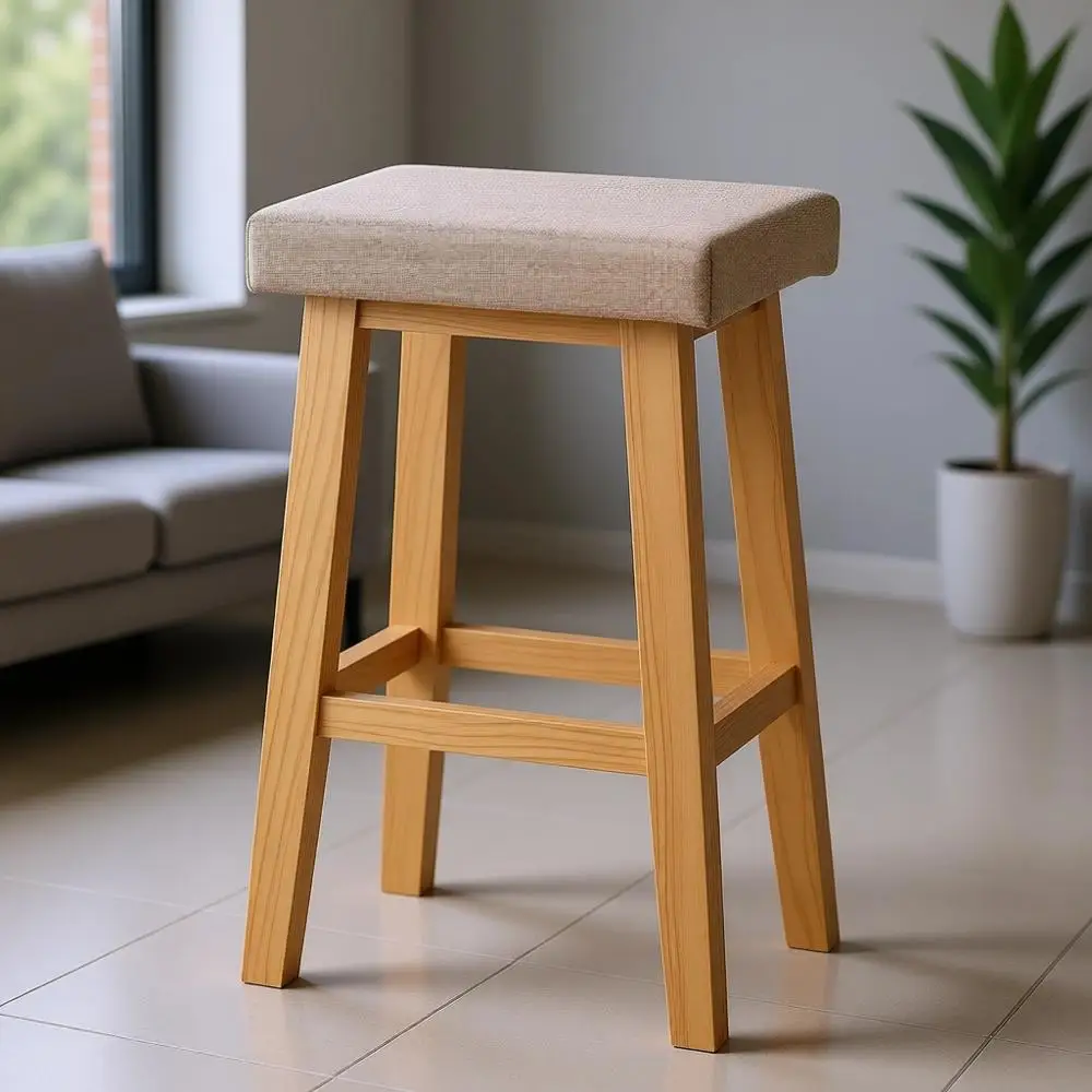 

23.6 Counter Height Wooden Stool with Beige Textile Seat for Home Living