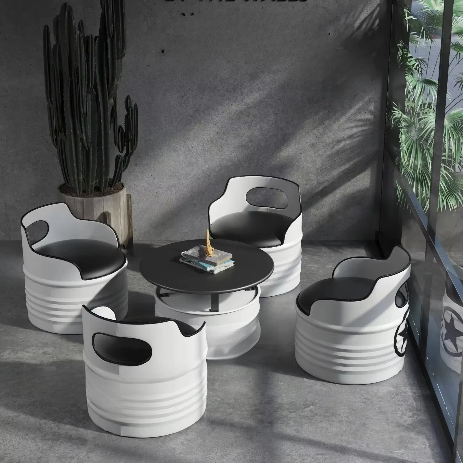 

Industrial Style Oil Drum Iron Table Chair Set Creative Commercial Furniture for Restaurant Dining Set Store Hotel Booth