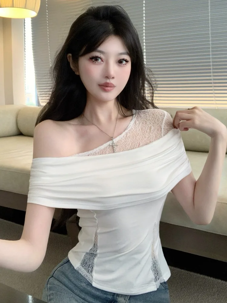 

Pure Desire Lace Splice Short Sleeve T-Shirt Women's Slimming Sexy One-Shoulder Diagonal Collar Fake Two-Piece Top