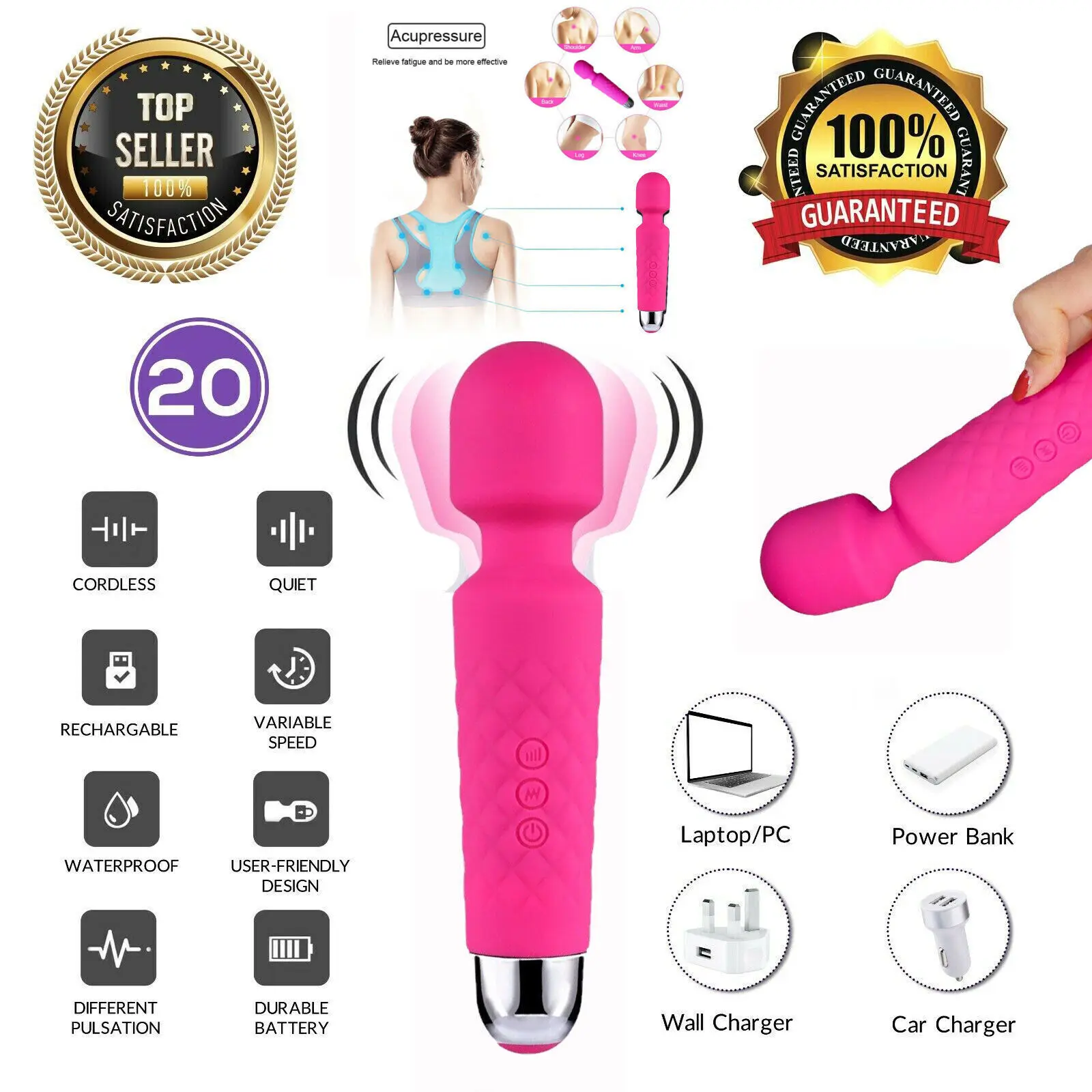 

Handheld Massager 20 Speed Wand Vibrating Massage Magic Full Body Therapy Motor