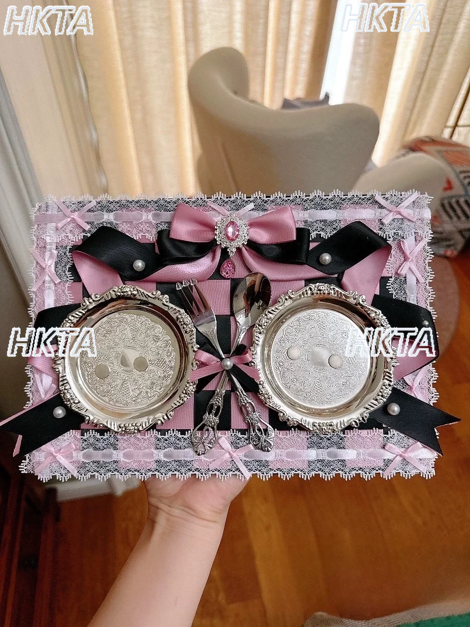 

Custom Handmade B5 Grid Finished Pain Board Product Ribbon Black Pink Plate Satin Ribbon Bow Diamond Lolita Bag Accessories