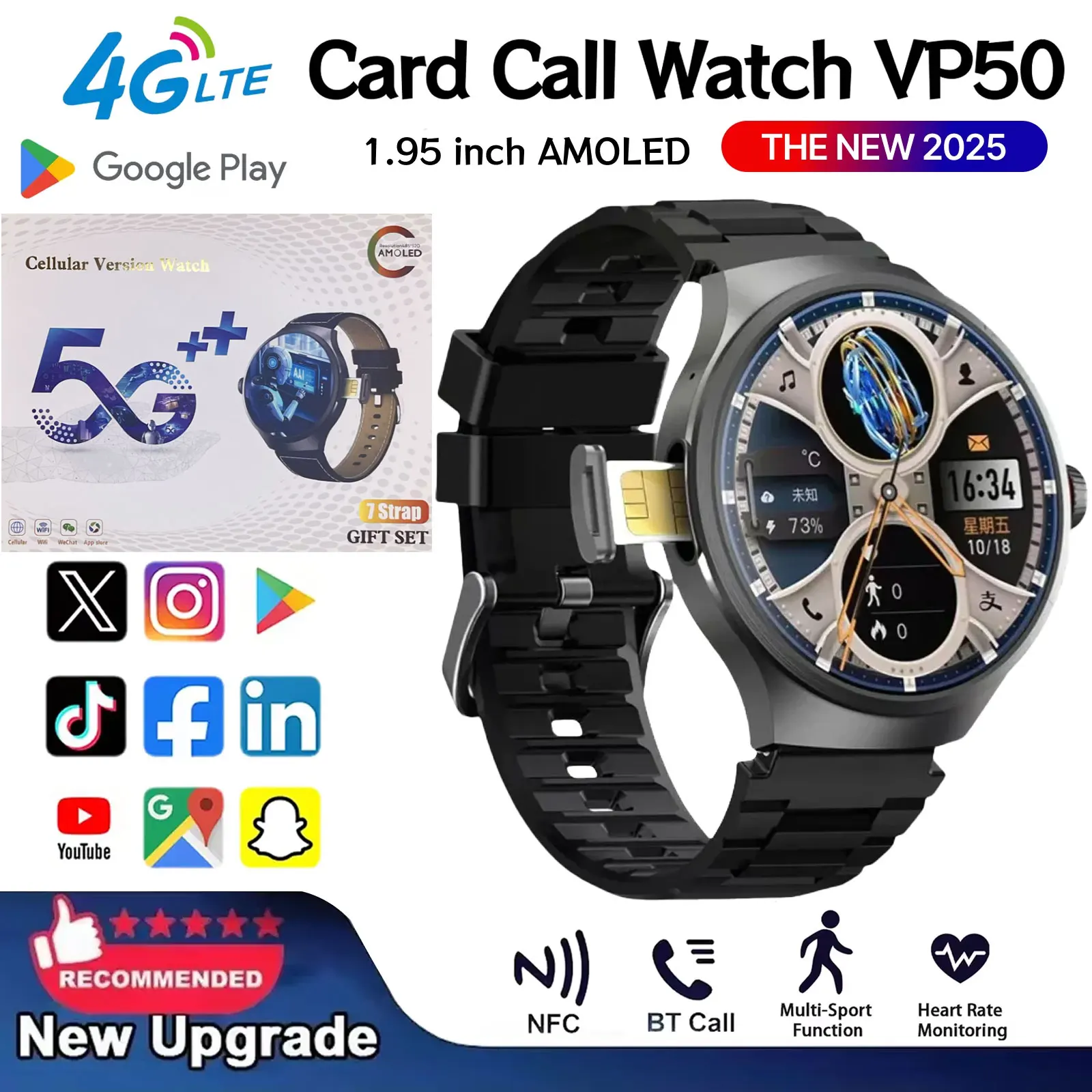 VP50 Android Smartwatch: 1.75" AMOLED Display, GPS/WiFi,1500mAh Battery, 800W Rotatable Camera