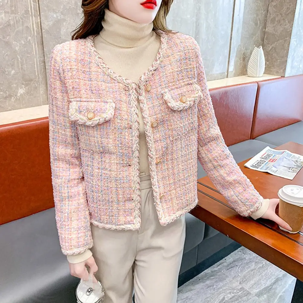 

Women Fall Coat Plaid Tweed Women's Winter Coat Warm Stylish Outwear with Single-breasted Design Convenient Pockets Women Coat