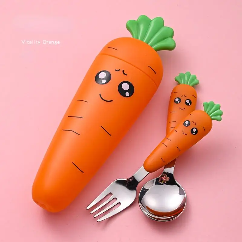 Creative Cartoon Carrot Tableware Set Stainless Steel Children\'s Fruit Food Supplement Fork Spoon Short Handle Tableware