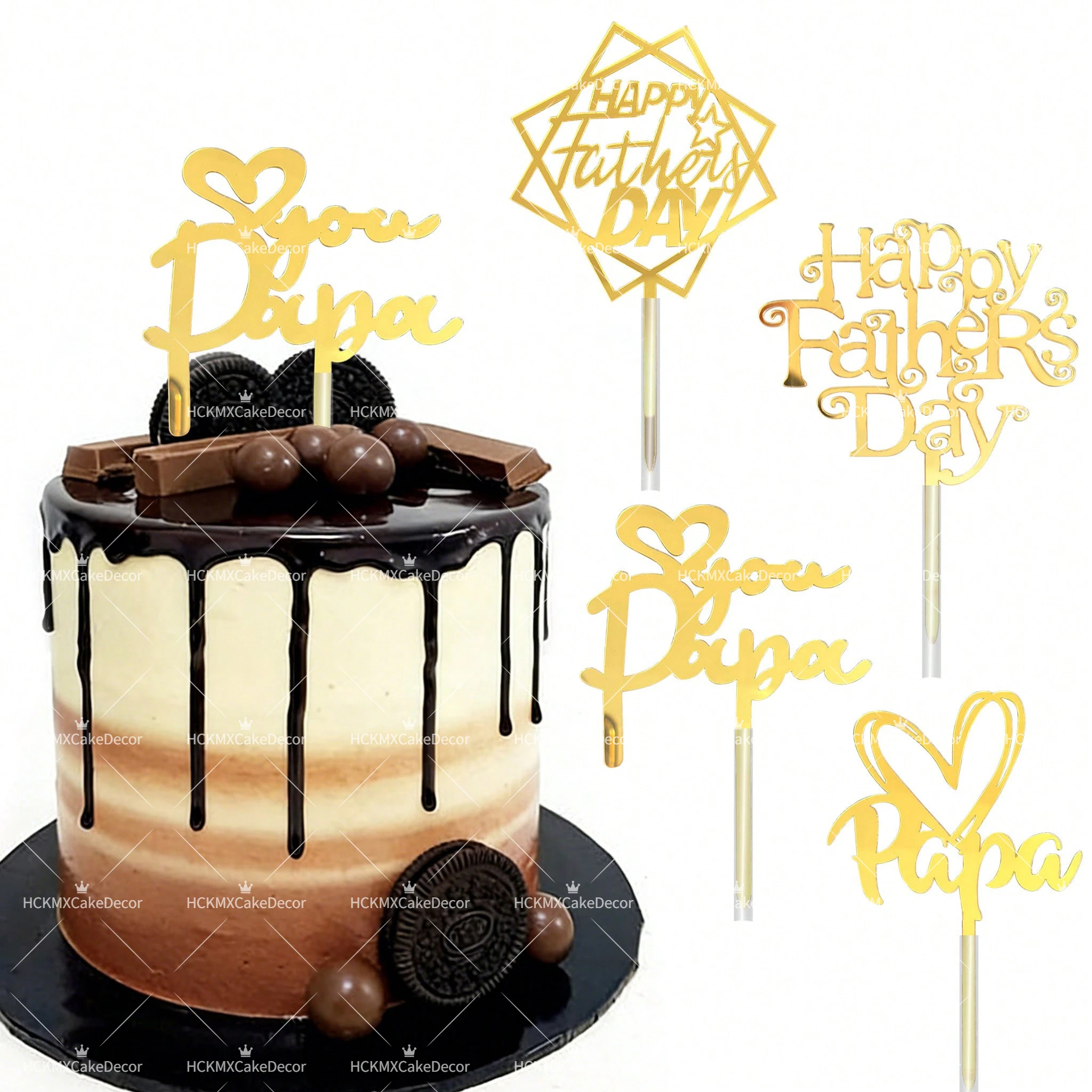 3pcs Father's Day Cake Toppers Gold Acrylic "Happy Fathers Day" "I Love You Papa" Picks for Dad Birthday Party Cake Decorations