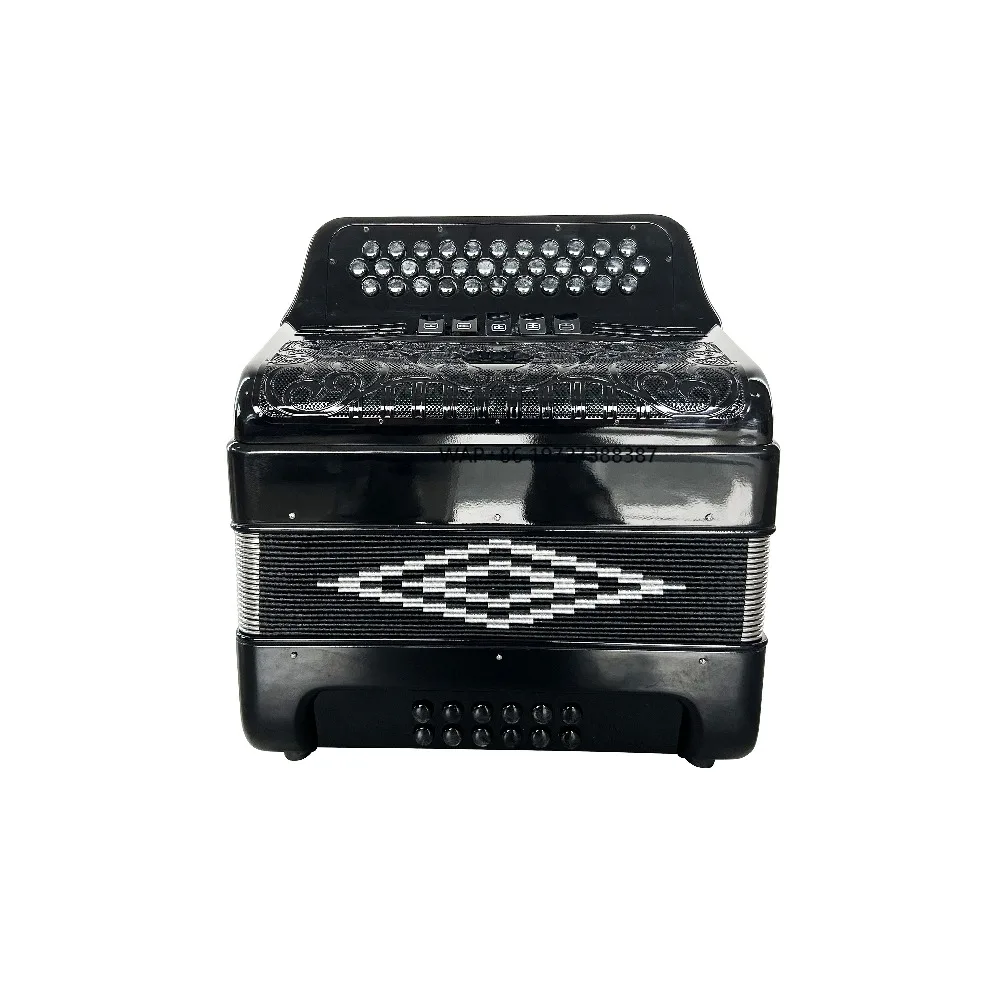 

Accordion Instrument 34 Buttons 12 Bass 5 Registers Professional Style Bright Black Body Black Grill Black Buttons