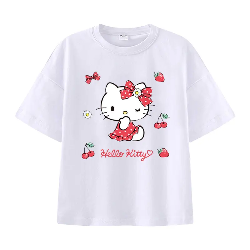 

Новая летняя детская футболка с милым и забавным принтом Hello Kitty, комплект для родителей и детей, из чистого хлопка, для мальчиков и девочек, с короткими рукавами, 2026