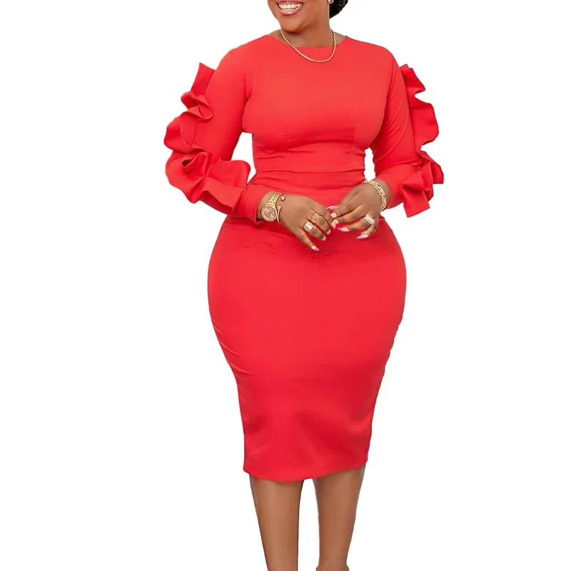 Women Ruffles Long Sleeve O Neck Bodycon Dress Elegant Midi Dress