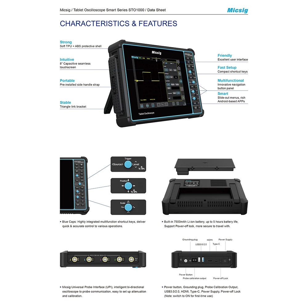 Micsig STO1004 Smart Tablet Oscilloscope Digital 100HZ 1G Sa/S 2/4 Channels Oscilloscopes 8GB APP Control