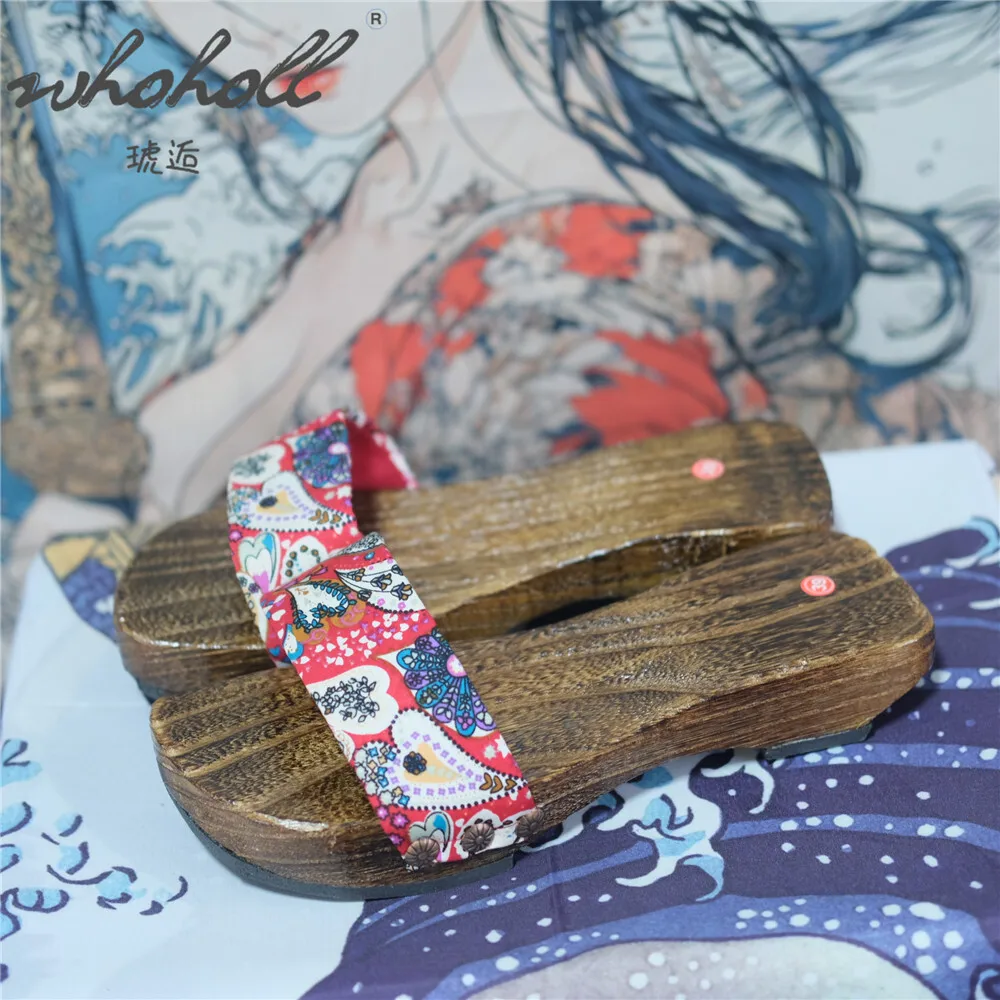 Japanese Wooden Clogs Women Flip Flops Cosplay Slippers Flat Bottom Summer Kimono Sandals Print Slipper