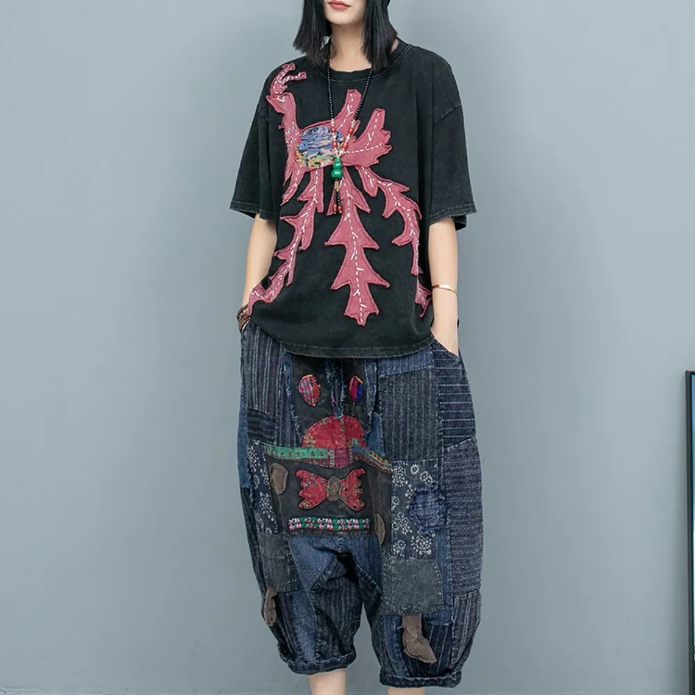 

Heavy Industry Hand Embroidered Short Sleeved T-shirt + Spliced Trouser Two Piece Set Women Outfit 2024 Summer LX1537