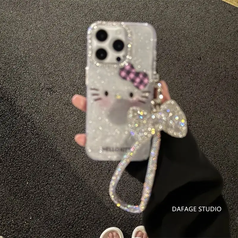 Hello Kitty Flash Powder Chain Apple Mobile Phone Shell Cartoon Sanrio 15Promax Phone Case 14 13 Phone Case Anti Fall Cover