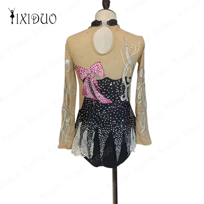 Sexy Women Girl Figure Skating Suit Sleeved Black Pink Performance Costume Rhinestone Mesh Ballet Dance Costume Gymnastics Tight