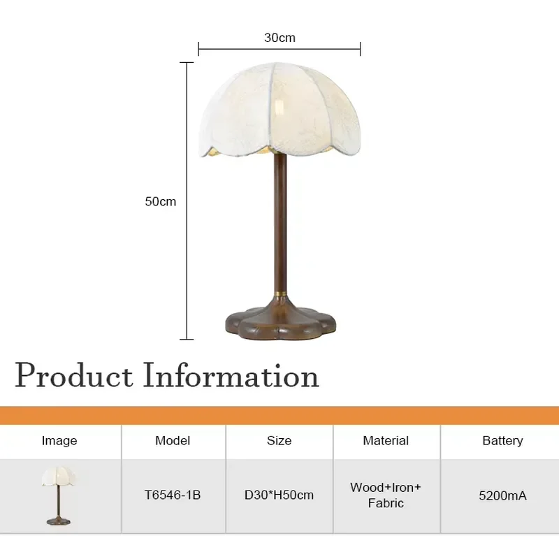 Modern Wooden Table Lamp Rechargeable Fabric Shade Bedside Night Light for Bedroom Dining Room Atmosphere Decor High End
