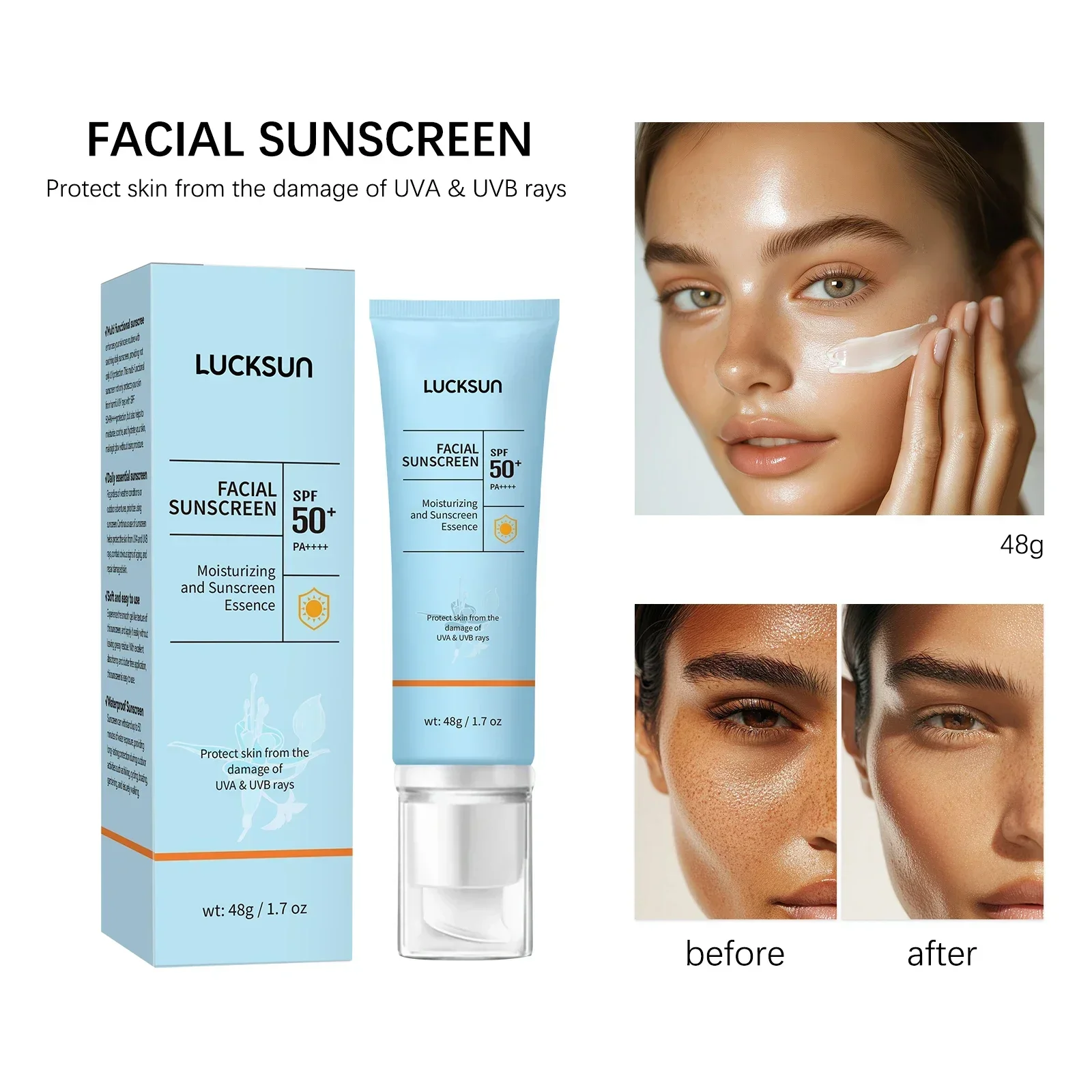 Protector Solar Facial SPF50, Crema Blanqueadora, Protector UV, Resistente al Agua/Sudor, Cosméticos para el Cuidado Corporal, 48g
