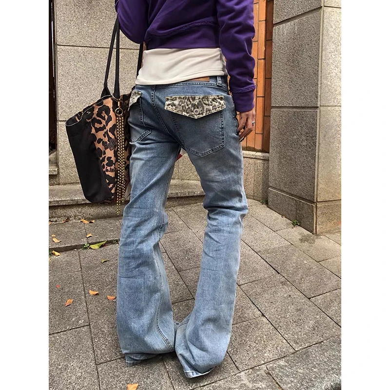 YIBASHU Women Blue Gothic Y2k Leopard Jeans Boyfriend Style Vintage Hiphop Grunge Splice Jeans Pants Baggy Wide Leg Denim Pants