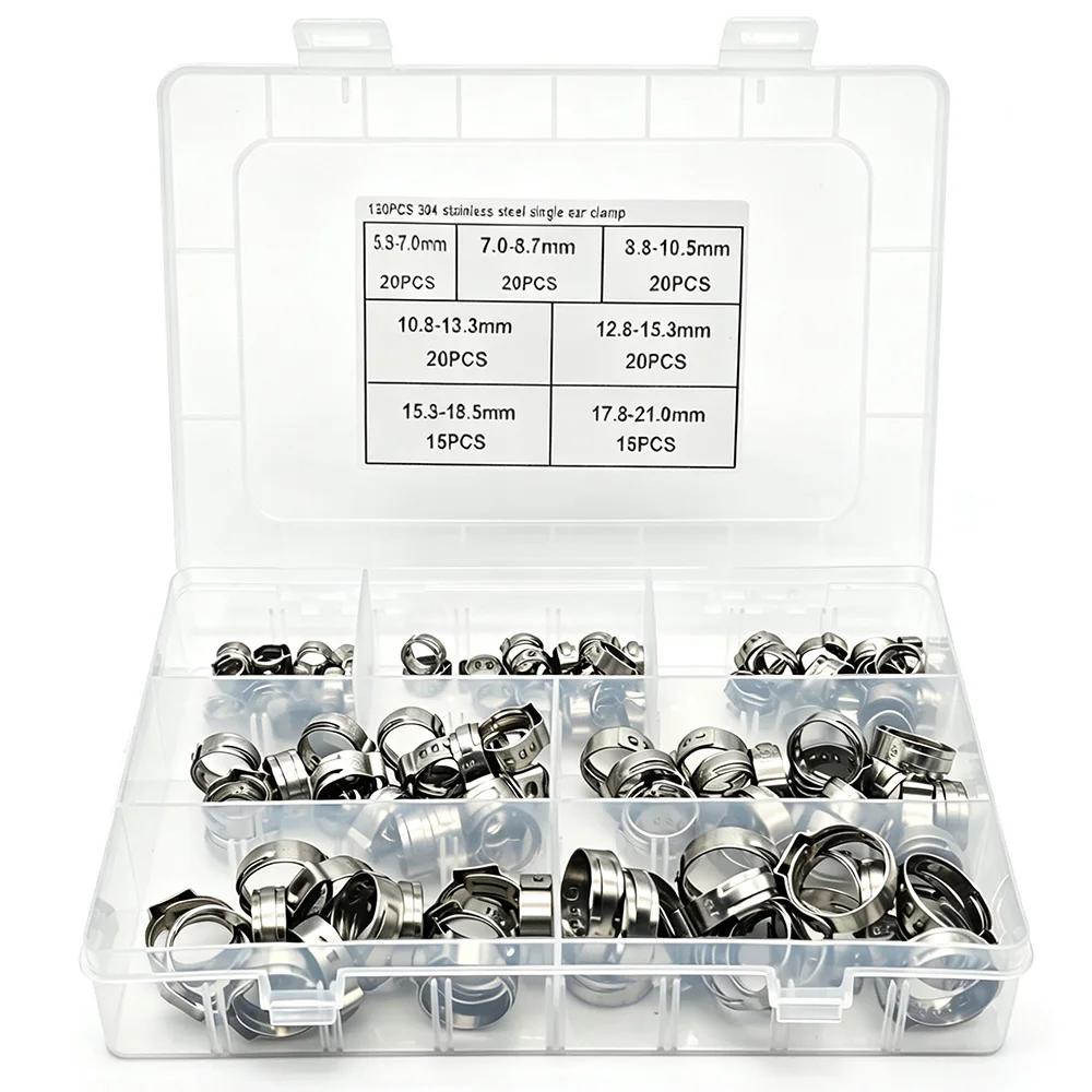 130PCS 8 Sizes Single Ear Hose Clamp, 6-21mm 304 Stainless Steel Ear Clamp Kit, Stepless Hose Clamps Cinch Rings for Plumbing