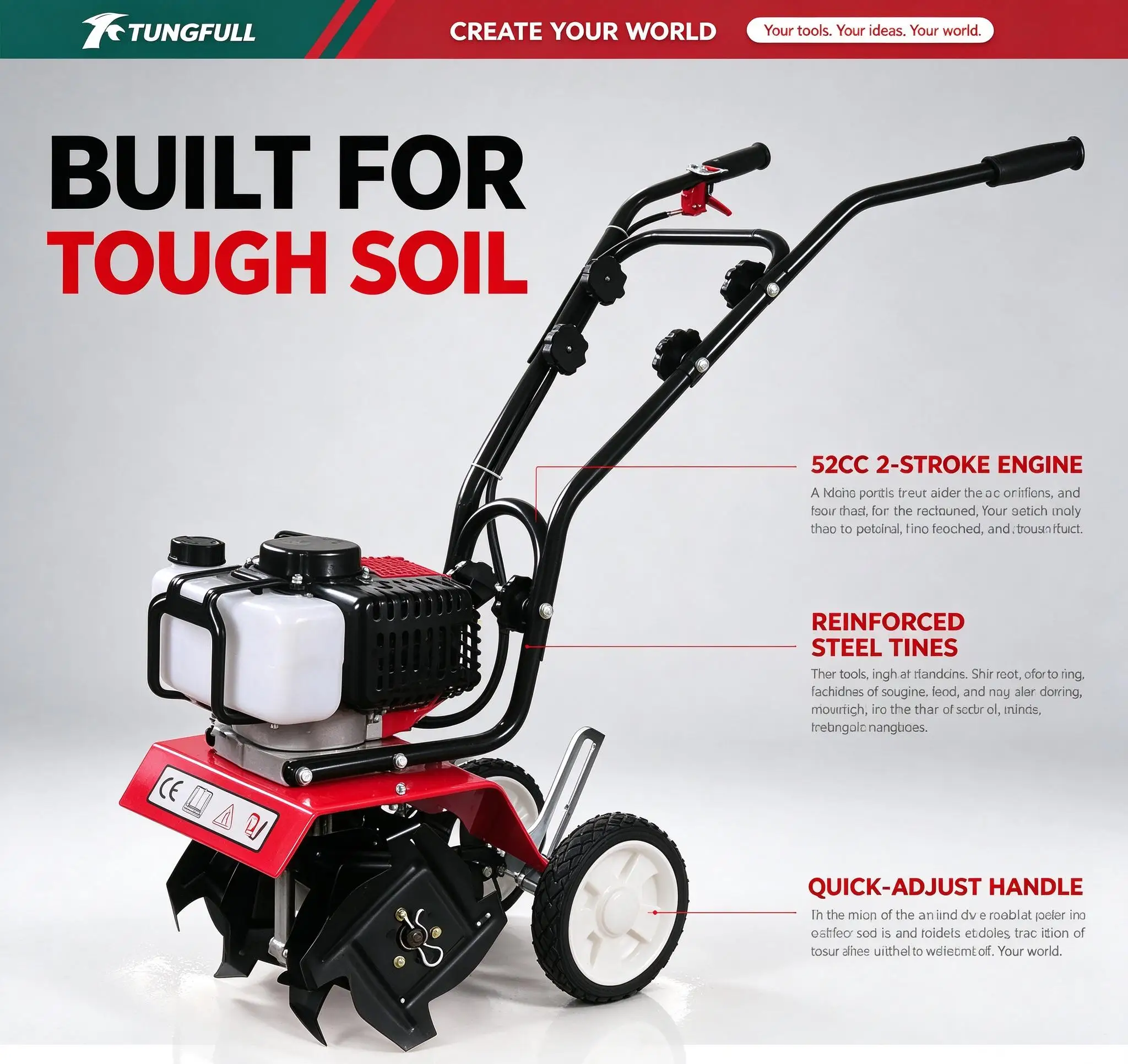 TUNGFULL Hand Push Petrol Rototiller Mini Micro Tiller 2 Stroke 4 Stroke Engine Soil Cultivator for Small Farm Field Work