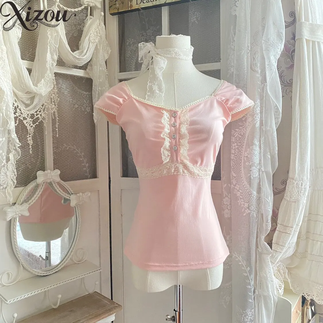 Summer Women Tops Japanese Sweet Lace Elegant Lace Pullover Girl Bubble Sleeve Tee Pink V Neck Sweet Pleated Lace Slim T-Shirt