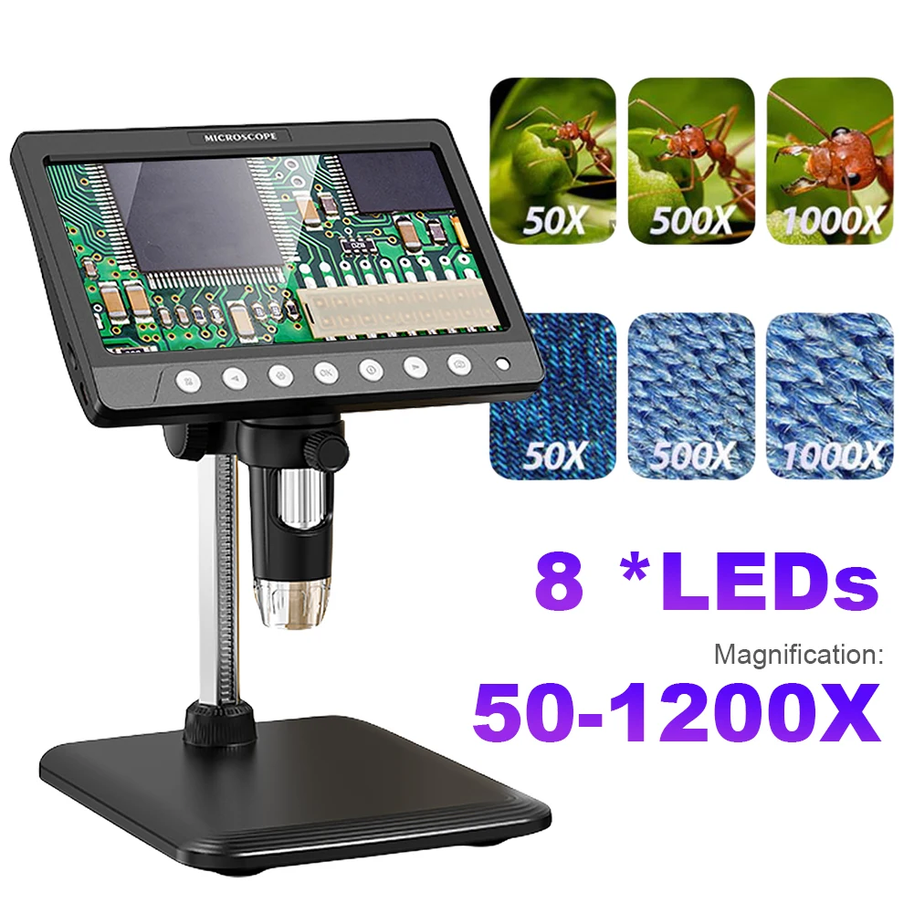 7Inch IPS Digital Coin Microscope 5MP 1200X Ultra-Precise Focusing Camera 1080P Video Microscope 8 LED Lights for Coin Circuit