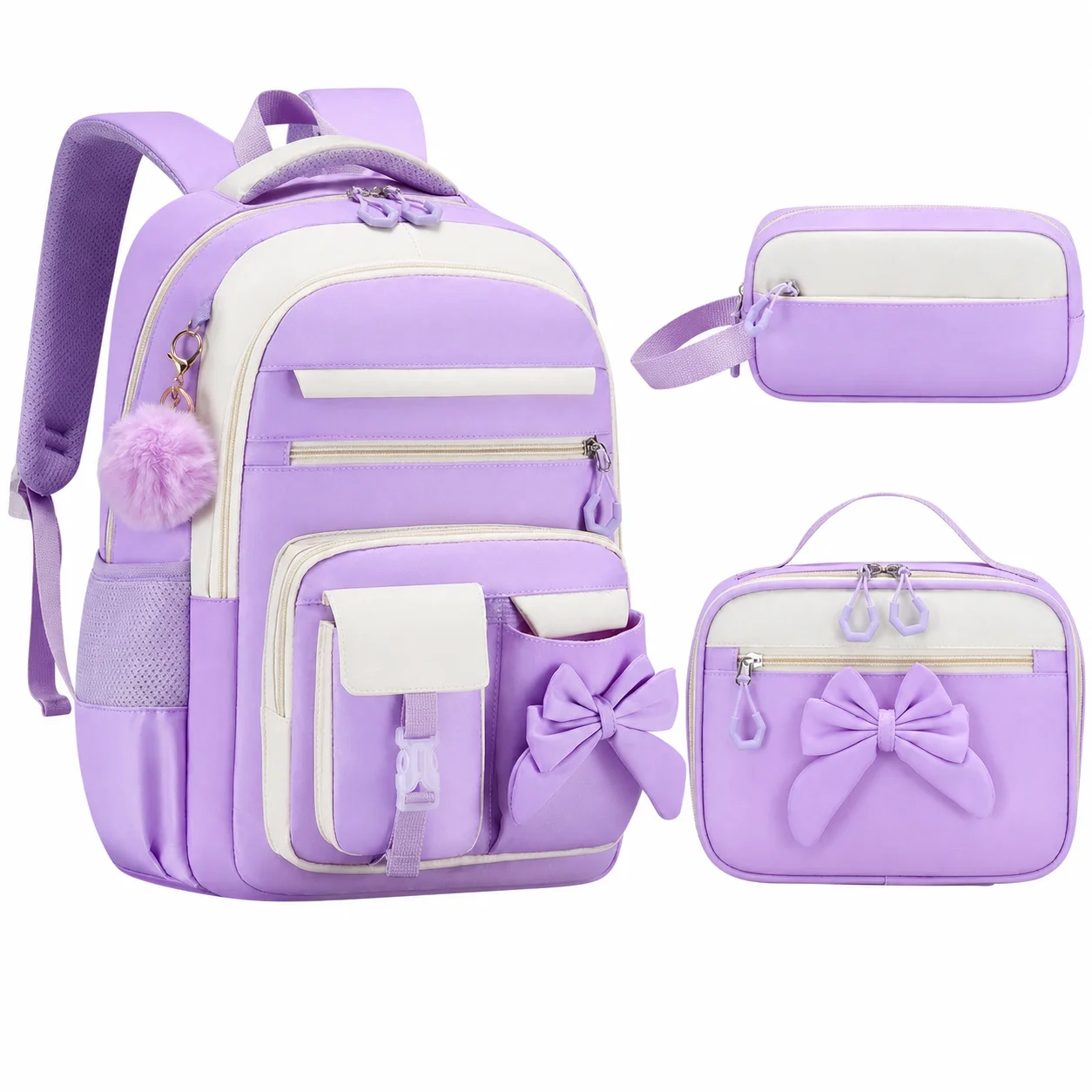 Color Block Backpack Polyester Large Capacity Backpack Girls School Bag Set Large Capacity Pencil Case Set For Elementary School