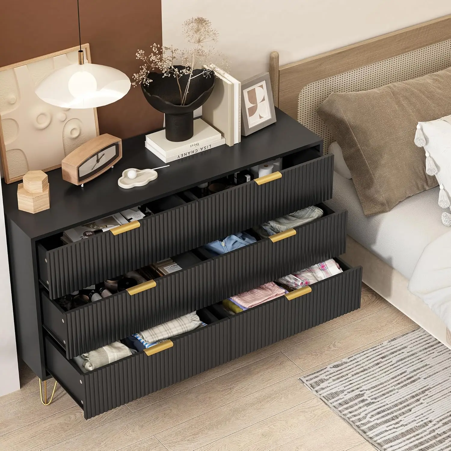 Black Wood 6-Drawer Dresser 5