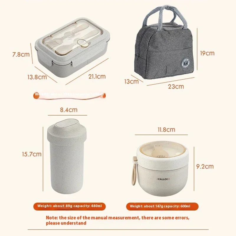 Portable Lunch Box Water Cup Soup Bowl Microwavable Bento Box with Fork and Spoon Wheat Straw Tableware Office Picnic Cutlery