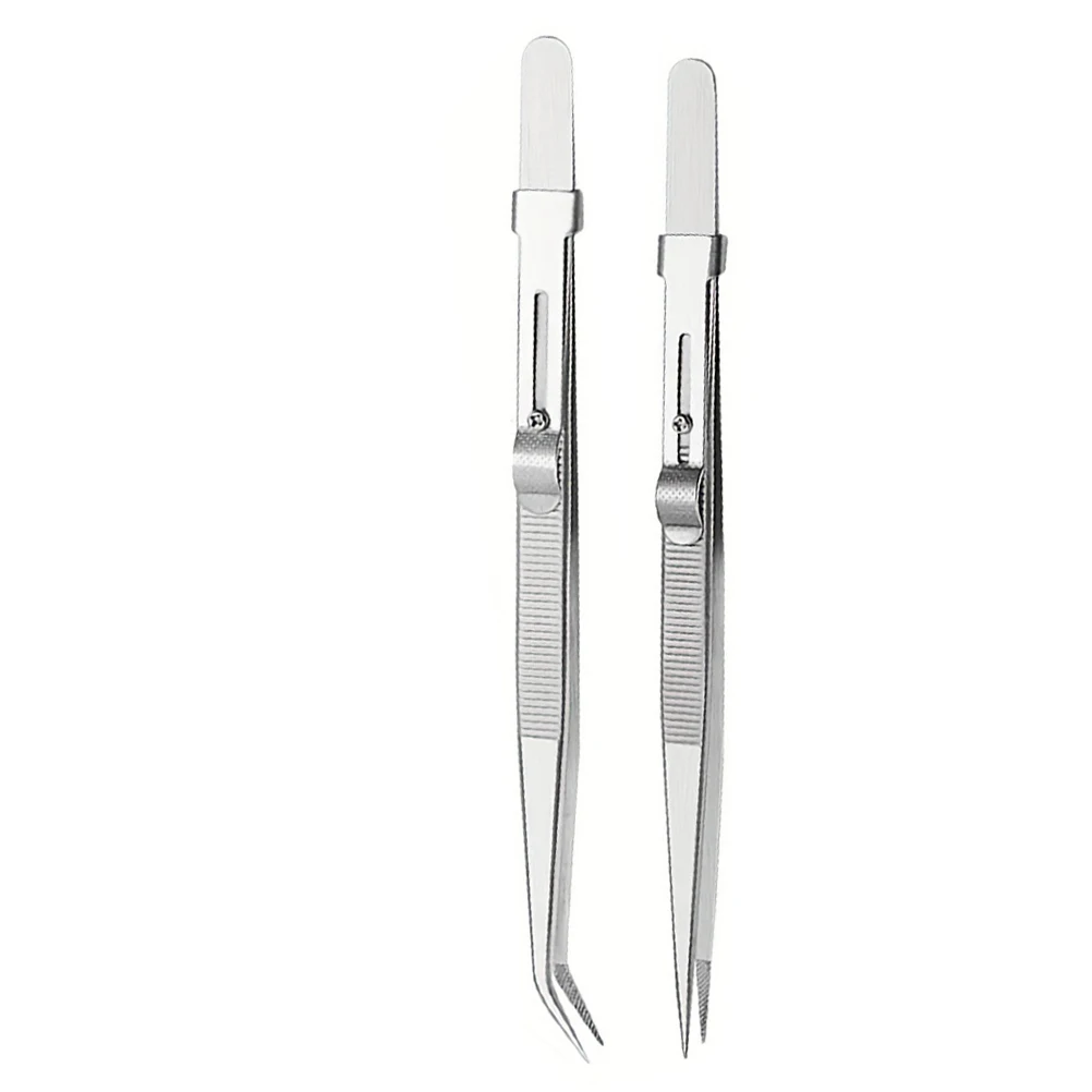 

2 Pcs 165mm Straight Curved Tip Locking Tweezers Non-slip Jewelry Diamond Gems Pickup Nail Art Stainless Steel Tool Set