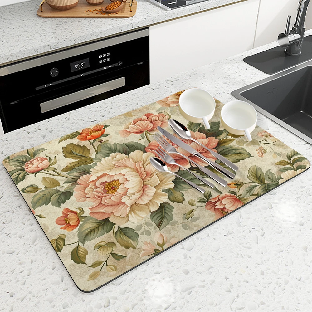 Antiskid Kitchen Absorbent Draining Mat Floral Plant Super  Draining Coffee Dish Drying Mat Quick Dry Bathroom Drain Pad