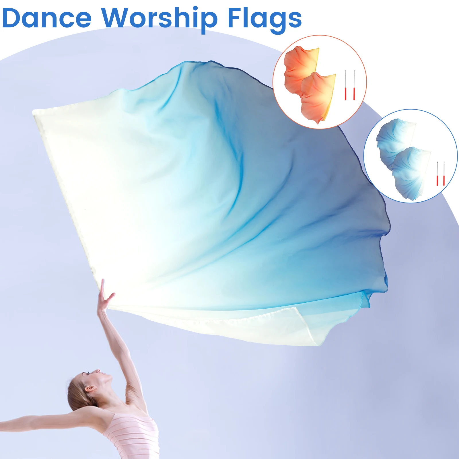 2PCS Dance Worship Flags Praise Dance Flags with Telescopic Pole Half Circle Belly Dance Silk Veils Silk Wing Outdoor Flags