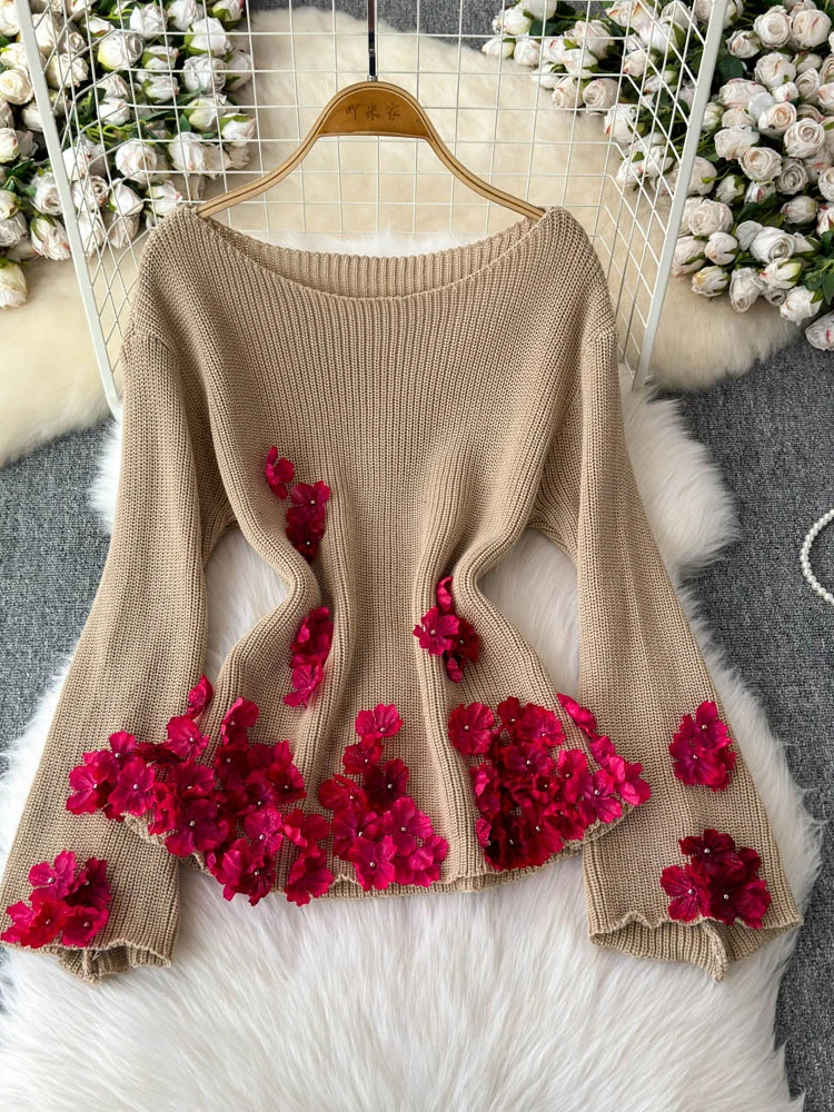 Women's Khaki Pullover Sweater Harajuku Vintage Korean Y2k Long Sleeves 3D Floral Cashmere Sweater Jumper 2000s Clothes Autumn