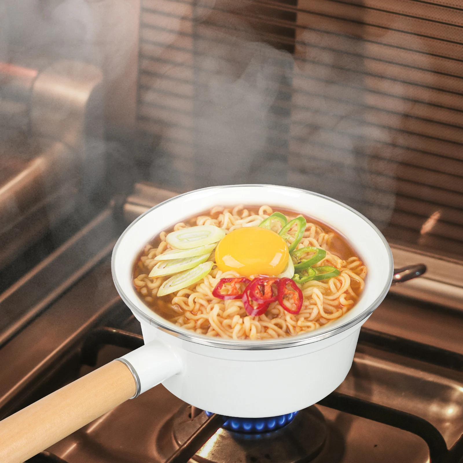 

Ergonomic Enamel Milk Pot Wooden Handle Multi-Functional Kitchen Cooking Pot Non-Stick Soup Stockpot Thicken Flat Instant Noodle