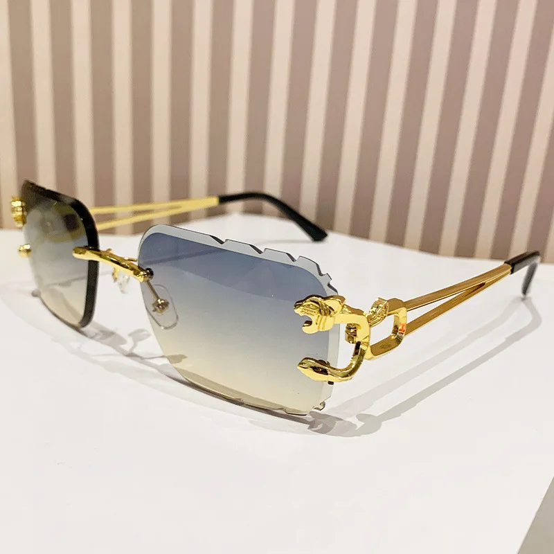 

Rimless Cut Edge Sunglasses Square Metal Cheetah Frame Sun Glasses Traveling UV400 Design Double Bridge Vintage Eyewear Outdoor