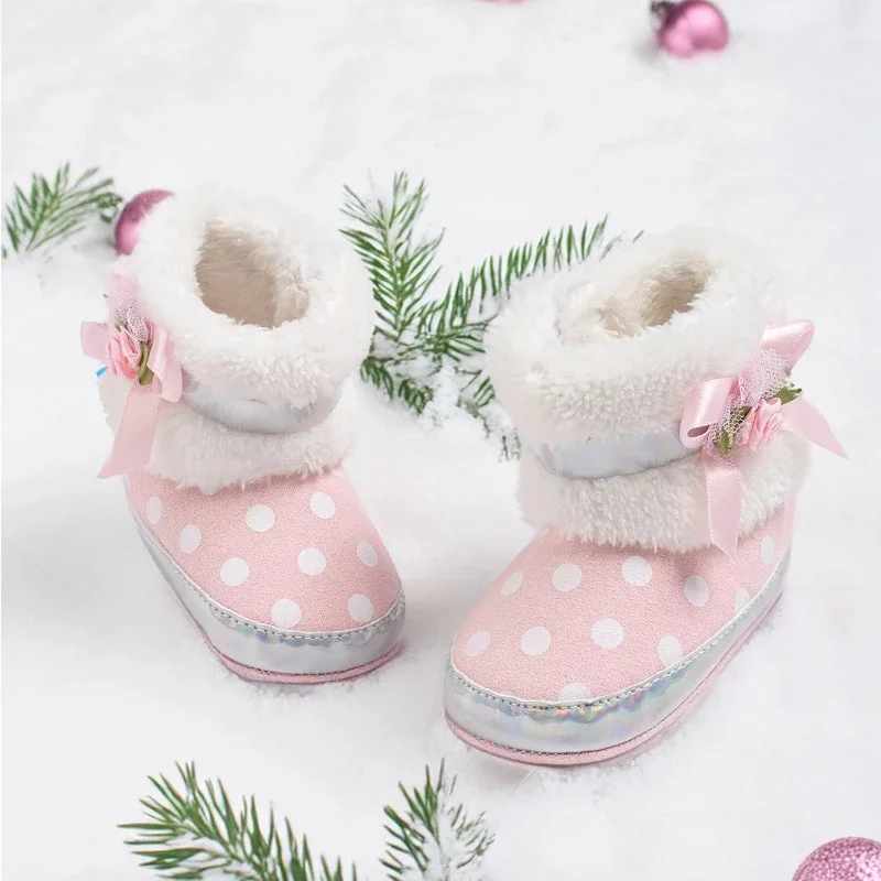 2026 New Bowknot Polka Dots Infant Kids Shoes Fluffy Warm Winter Boots Baby Girl Cottom Soft Anti-Slip Toddler Crib Shoes