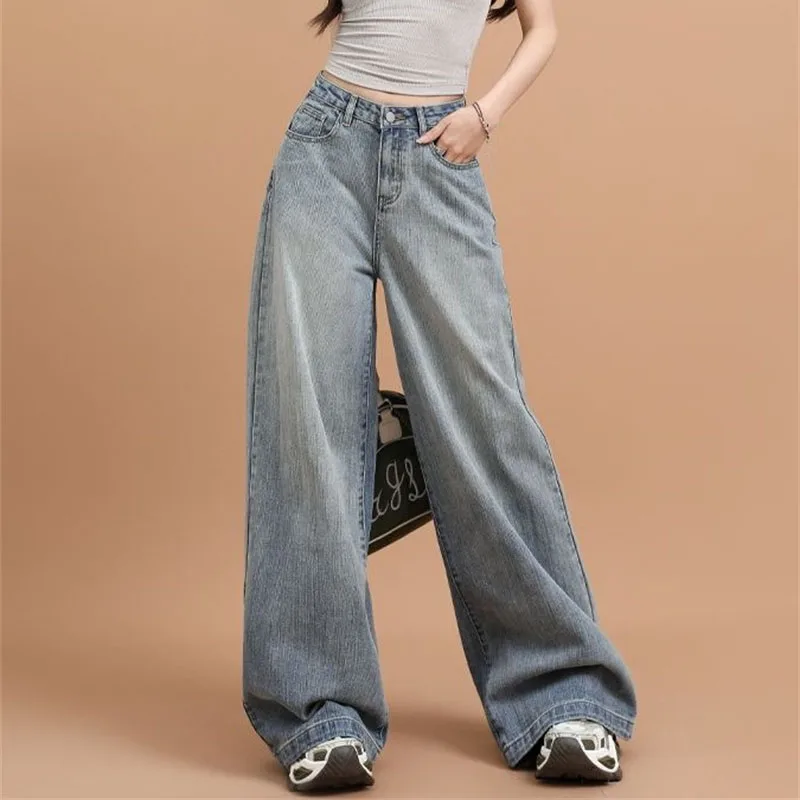 

Retro Ladies Fashion Wide Leg Casual Cowboy Trousers Spring Autumn Women High Waist Jeans American Femme Solid Color Denim Pants