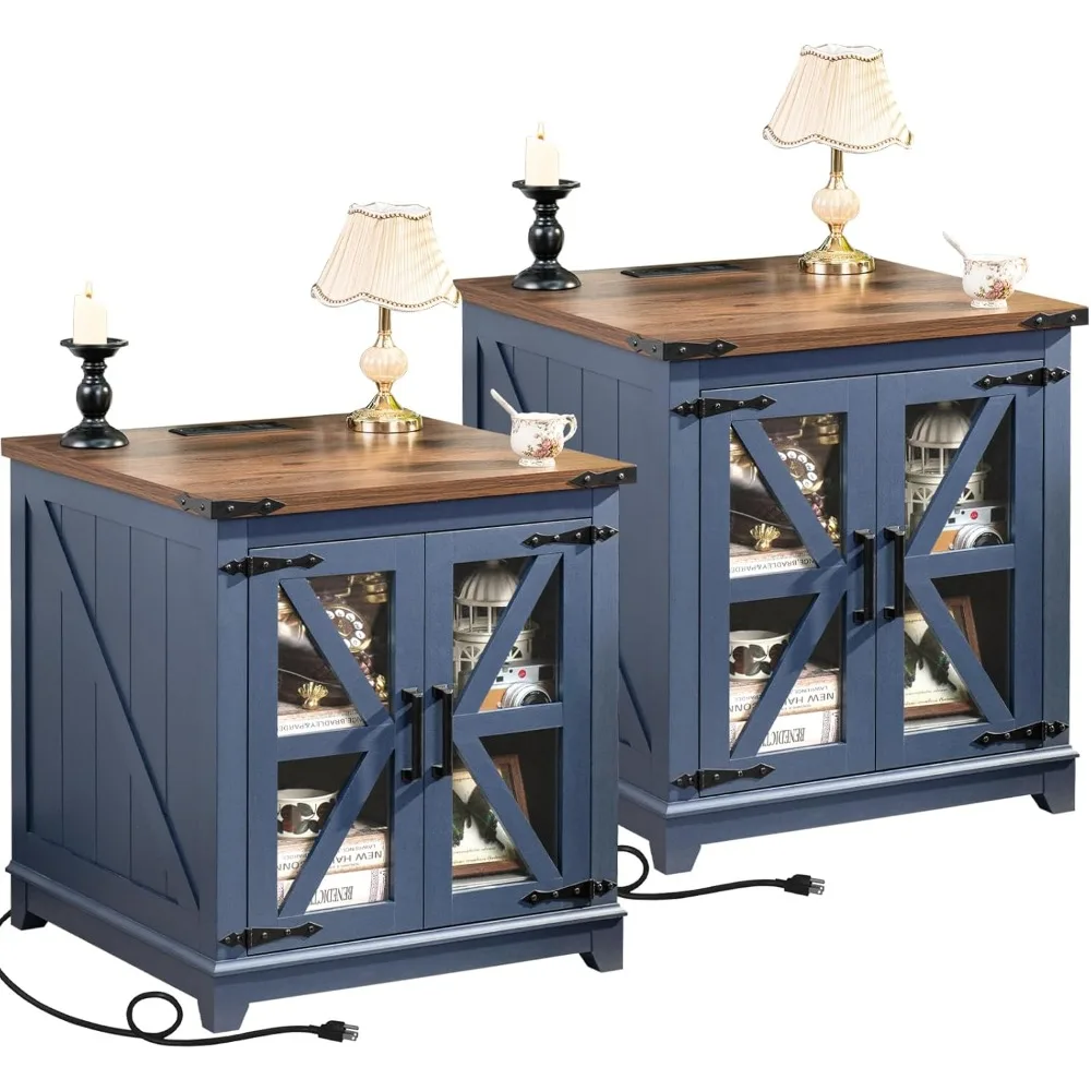 

Farmhouse End Table with Charging Station Set 2, 24" Large Sofa Side Table with Glass Barn Door, Blue Nightstand with Adjustable