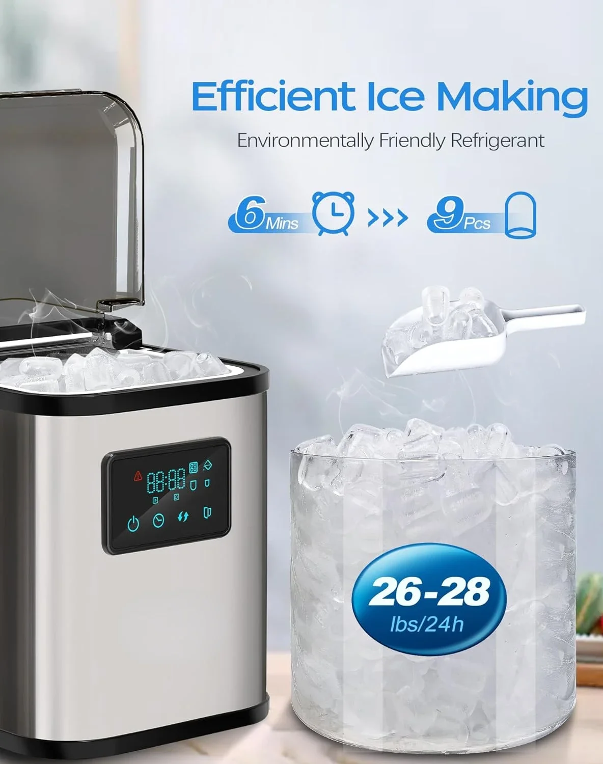 Eficiente Auto Limpeza Mini Ice Maker, Reserva de Tempo, Countertop Ice Maker, 28lbs, 24h, 6 Mins, 9 Pcs