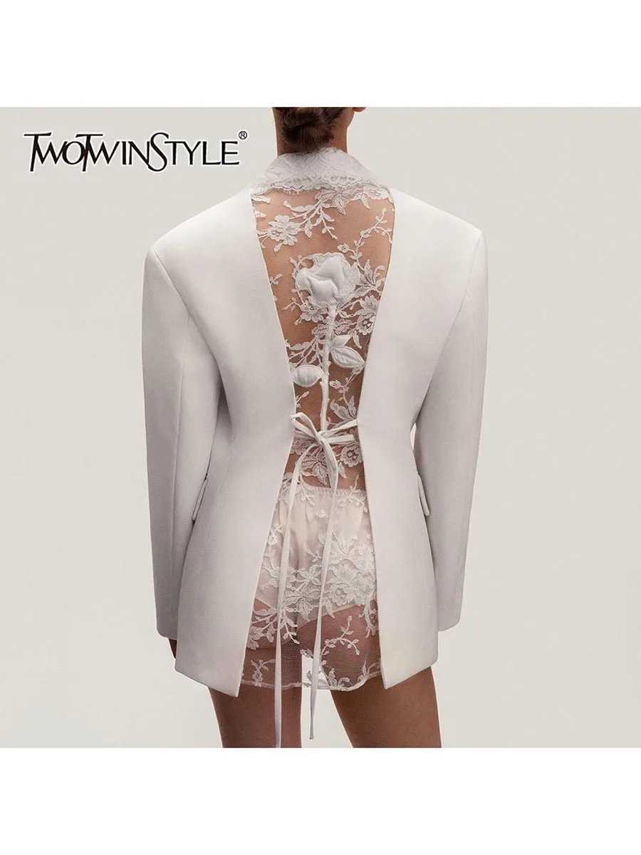 

TWOTWINSTYLE Solid Spliced Lace Sheer Sexy Jacket for Women Lapel Long Sleeve Slimming Patchwork Lace Up Jackets Female Fashion