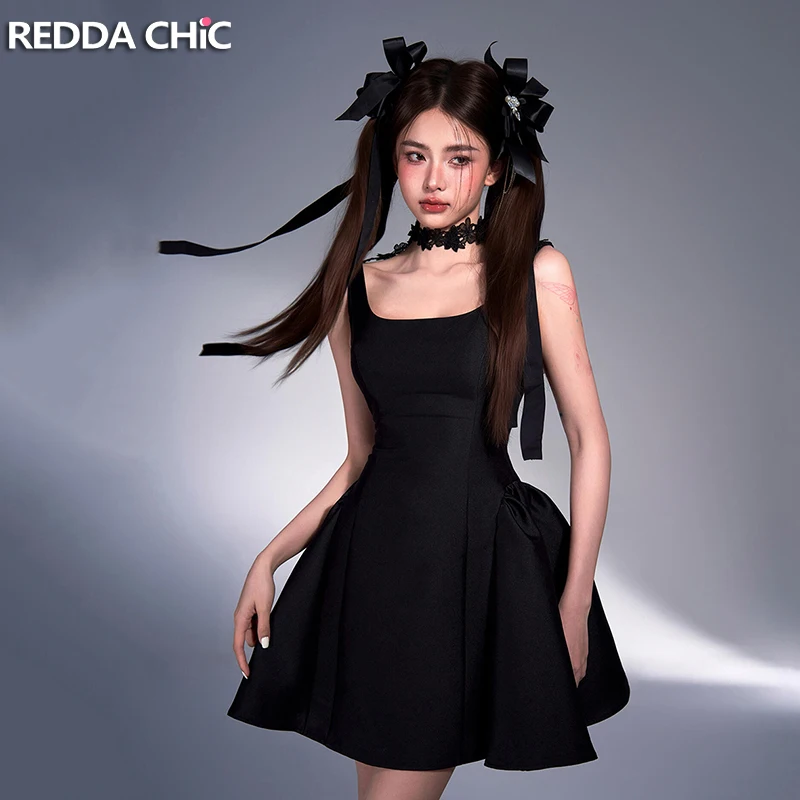 

REDDACHiC Gothic Black Women's Party Dress with Lace Choker Solid Ruffle Hem Puffy Tank Mini Dress Formal Summer Dark Clothes