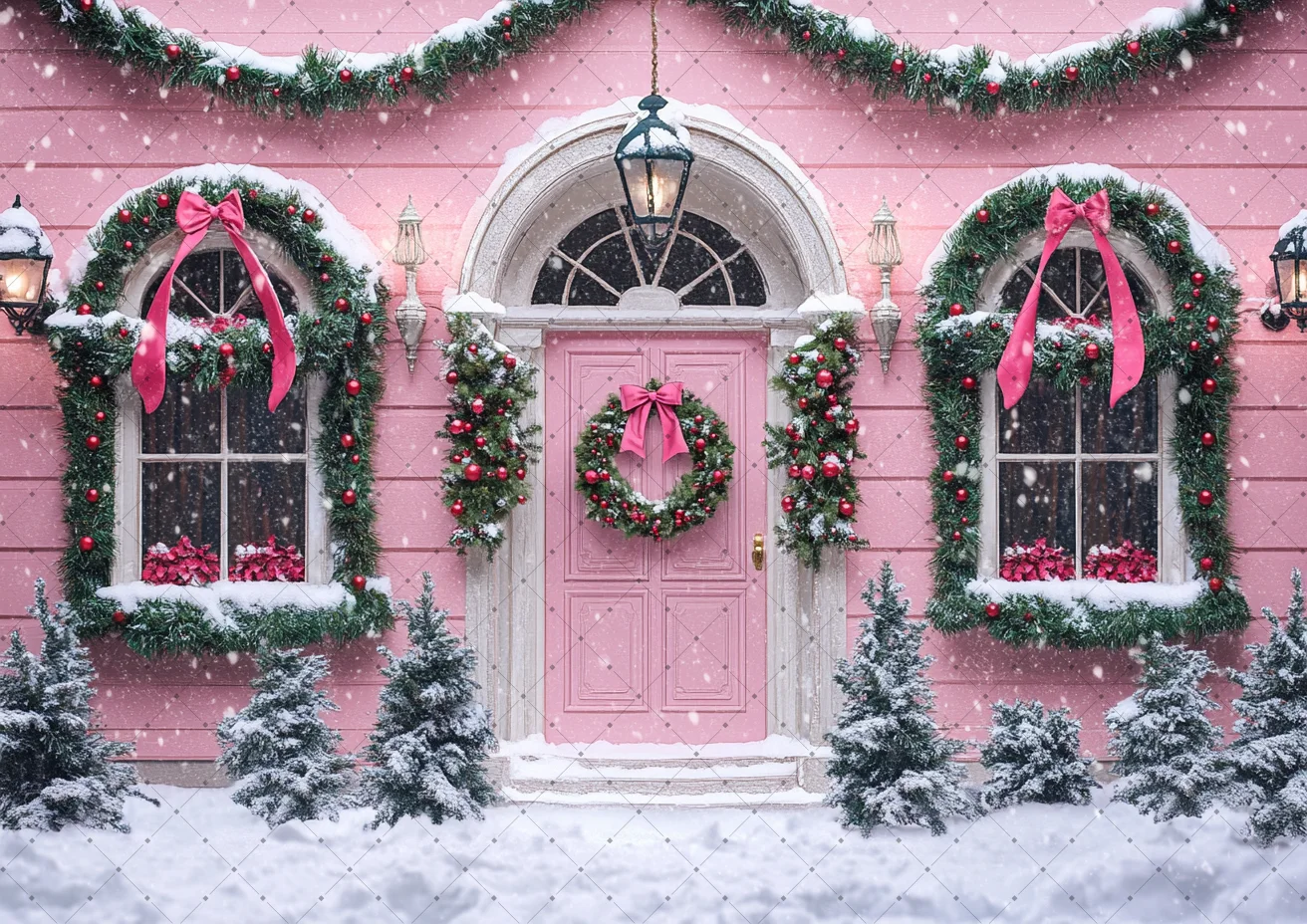 Pink House Front Door Christmas Photography Backdrop Pink Bow Wreath Window Garland Pine Tree Snow Ground Photo Background