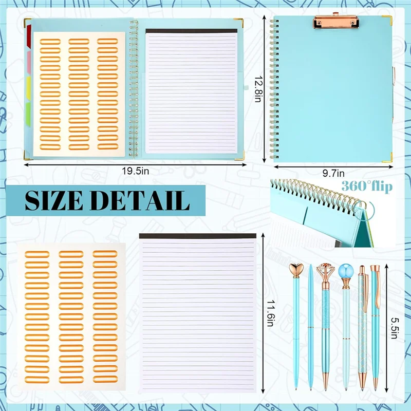 QWE-многоразовый блокнот, набор шариковых ручек, 5 приложений с 10 карманами для хранения, буфер обмена, переплет, ручка с кристаллами и бриллиантами для школы