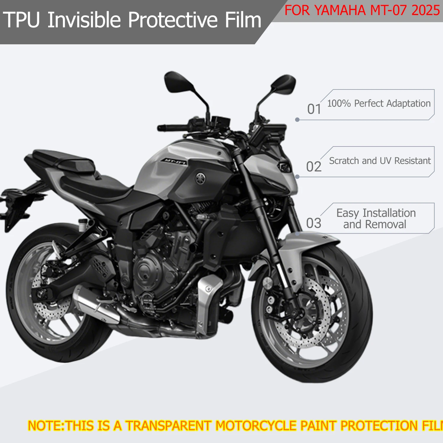 For YAMAHA TPU MT-07 MT07 2025 PPF TPU Paint Protection Film Anti-Scratch Self-Healing Transparent Invisible Protective Film