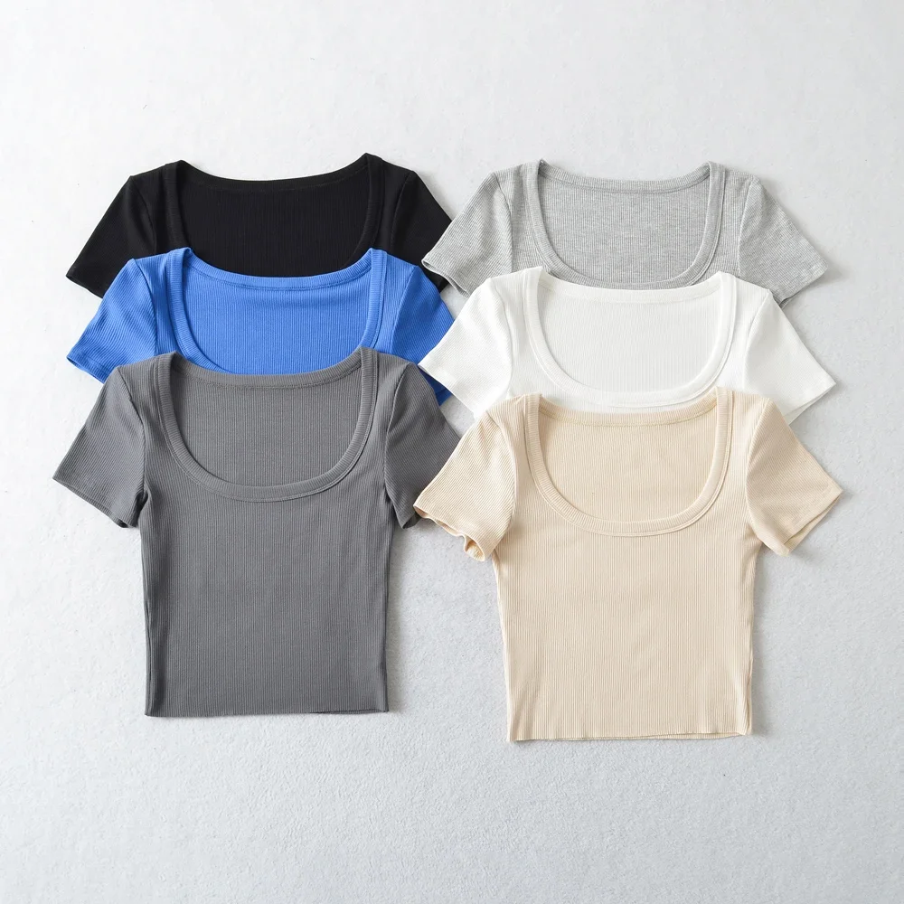 Square Collar Summer New Solid Women Short Sleeve Basic Crop Tops Sexy Pullover Bottoming Blouses T-shirt