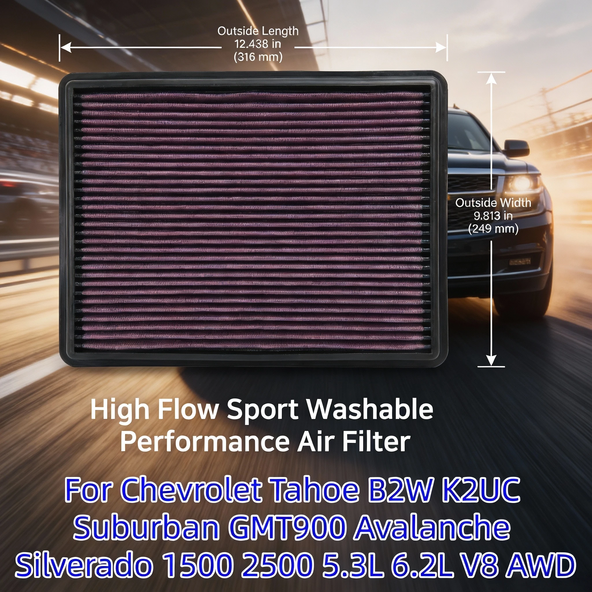 For Chevrolet Tahoe B2W K2UC Suburban GMT900 Avalanche Silverado 1500 2500 5.3L 6.2L V8 AWD High Flow Sport Washable Air Filter