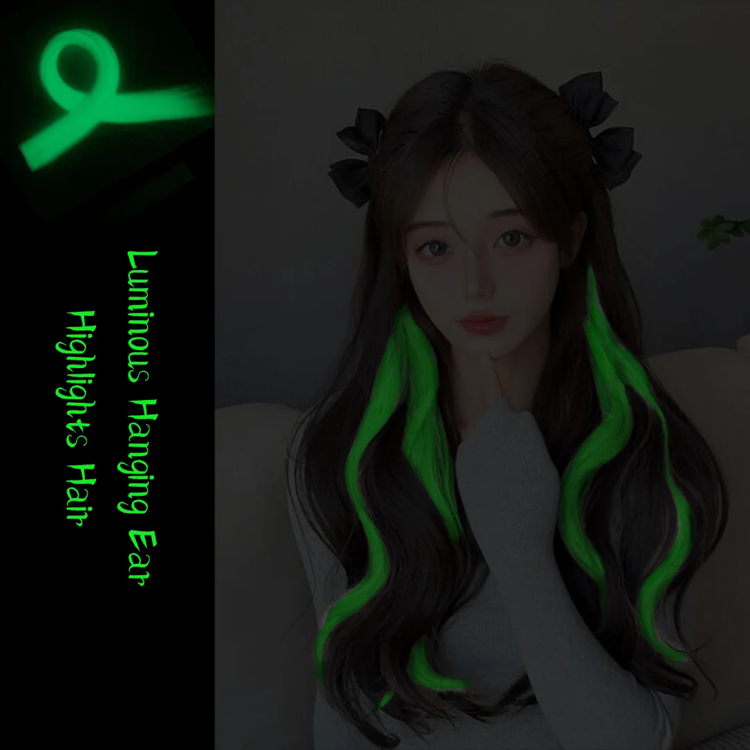 Luminous Hanging Ear Colorful Highlights Traceless Straight Long Hair Extensions Fluorescent Light-emitting Wig Piece Girls Love