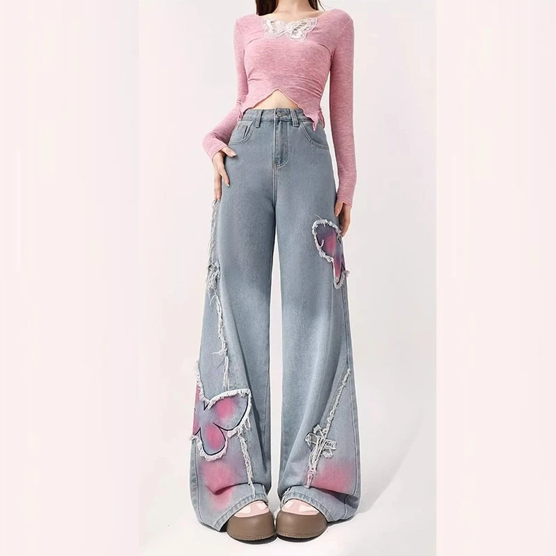 هونج كونج نمط للجنسين جديد الصيف شخصية فراشة الجينز الهيب هوب INS شارع العليا العصرية كول وسيم عارضة السراويل الطويلة